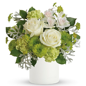 Like an invigorating ocean breeze, this fresh arrangement of white roses and glorious green blooms is a beautiful pick-me-up on