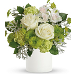 Like an invigorating ocean breeze, this fresh arrangement of white roses and glorious green blooms is a beautiful pick-me-up on