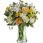 Clear tall glass vase arrangement of yellow roses, carnations & button spray chrysanthemums, white alstroemeria & statice, accen