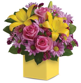 - A joyous surprise, this bright, beautiful box arrangement of pink roses, golden lilies and lavender daisies is sure to please.