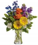 - Refresh the senses with the splendour of this colourful blend of gerberas, roses, stock, delphinium and Bells of Ireland in a