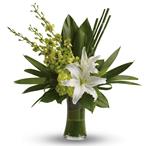 The graceful beauty of white lilies and opulent orchids is highlighted with an artistic, emerald-green backdrop of tropical leav