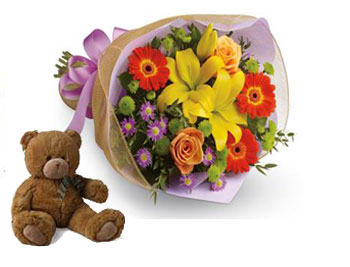 A burst of brilliant flowers designed to make their spirits soar! with teddy.