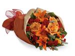 - Beautiful and breathtaking as a sunset. This bouquet contains lilies, roses and mini carnations in ravishing shades of oranges