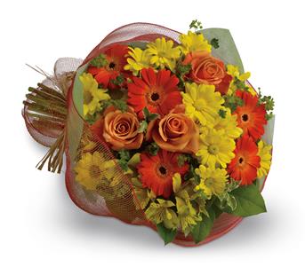 - Say thank you with a cheerful bouquet of bright orange gerberas and roses paired with alstroemeria and daisies in shades of ye