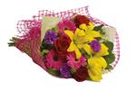 - Let the sun shine in with this exuberant bouquet of golden lilies, rich red roses and hot pink gerberas.