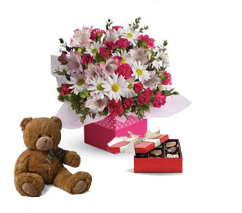 Box arrangement of pink spray roses,  hot pink carnations, white daisy spray chrysanthemums,  white/ pink alstroemeria, with a t
