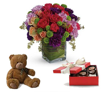 A chic, stylish twist on classic spring flowers!  with chocs and teddy