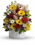 - Send this mixed arrangement of sweet white and yellow daisies, red roses, stock and adorable bear. Arriving with it, its sure