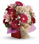 - Send a smile and a hug with this stylish mixed arrangement of hot pinks and reds accented with a snuggly bear that everyone wi