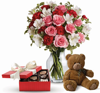 - Send this beautiful gift set including a delicious box of chocolates and delightful bear paired with a vase arrangement of lig
