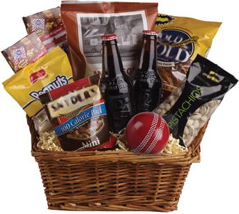 - Peanuts, pistachios, pretzels, beer and even a cricket ball are teamed up in this nibbles basket. The perfect gift for the mal