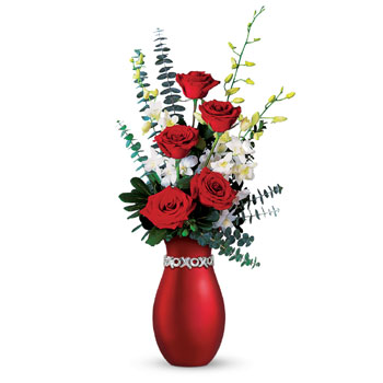 Whether you just met someone or you just fell in love, red roses and white orchids presented in the XOXO keepsake vase are a cla