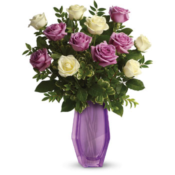 Make Mums day with a dozen delightful cream and lavender roses! Hand-delivered with love in a Beauty keepsake vase shell adore