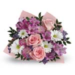 Make the joy of Mothers Day last with this charming bouquet of soft pink roses, purple alstroemeria and white daisies