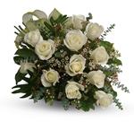 This beautiful flower bouquet of dreamy white roses and graceful greens delivers innocence and elegance. Perfect for neighbours,