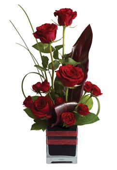 Roses, the traditional flower of love, receive a modern twist in this imaginative arrangement