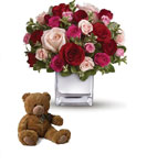 Their heart will break into song when this romantic cube of ravishing roses arrive with a teddy