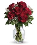 What a delight! Six stunning roses put your love centre stage in this charming vase arrangement.
