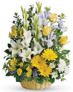 - Take a walk through the garden of memories with this lush basket of yellow, white and blue blooms. Its a joyful expression of