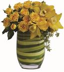 - Arrangement of yellow cymbidium orchids and roses in a flax lined vase.