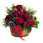 Charming round basket filled with bright red roses, carnations and hypericum accented with pinecones and a shiny red ribbon