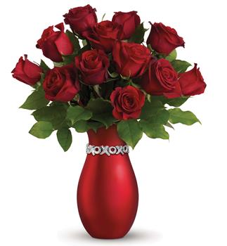 XOXO Keepsake vase arrangement of 12 red roses accented with salal
