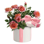 Surprise her with this delightful gift , pink roses in a charming ceramic hat box