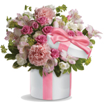 This blushing arrangement gathers beautiful blooms,arranged in a ceramic hat box