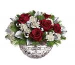 Sparkle Keepsake bowl arrangement of red roses, white mini carnations accented with festive greenery, silver leaves and baubles.